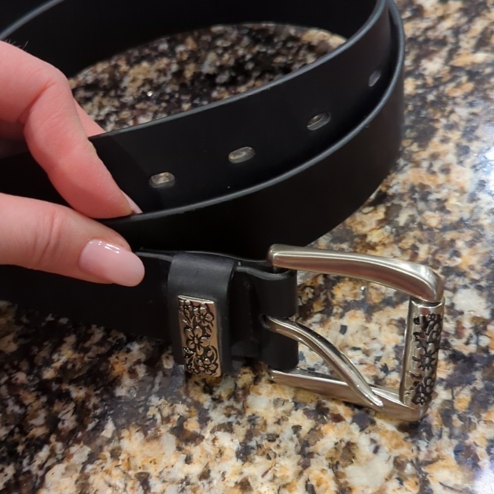 Faded Glory Vintage Y2K leather belt black Floral metal Italian Bonded Leather